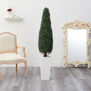 63 in. Indoor/Outdoor Boxwood Topiary Artificial Tree in Tall White Planter UV Resistant