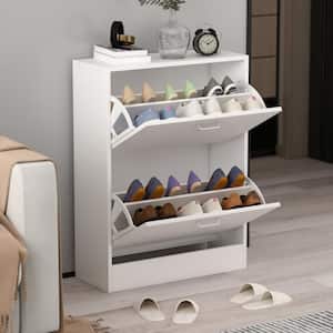 23.6 in. W x 31.4 in. H 12-Pair White Wood 2-Drawer Shoe Storage Cabinet with Foldable Compartments