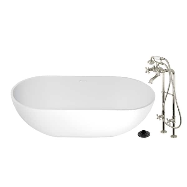 Arcticstone 70.1 in. x 34.6 in. Surface White Stone Flatbottom Soaking Freestanding Bathtub in White/Polished Nickel