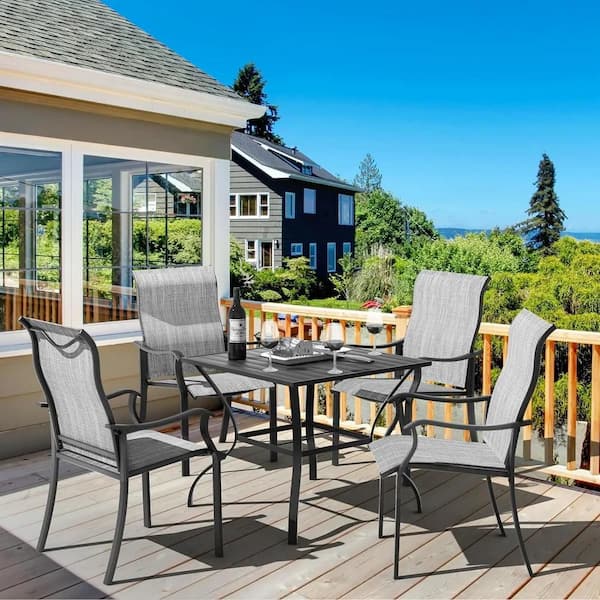 Stationary Metal All-Weather Textilene Off-white Outdoor Patio Dining Chairs with Curved Arms for Garden Lawn (Set of 4)