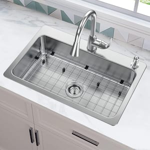 Bratten All-in-One Drop-In/Undermount 18G Stainless Steel 33 in. 2-Hole Single Bowl Kitchen Sink with Pull-Down Faucet