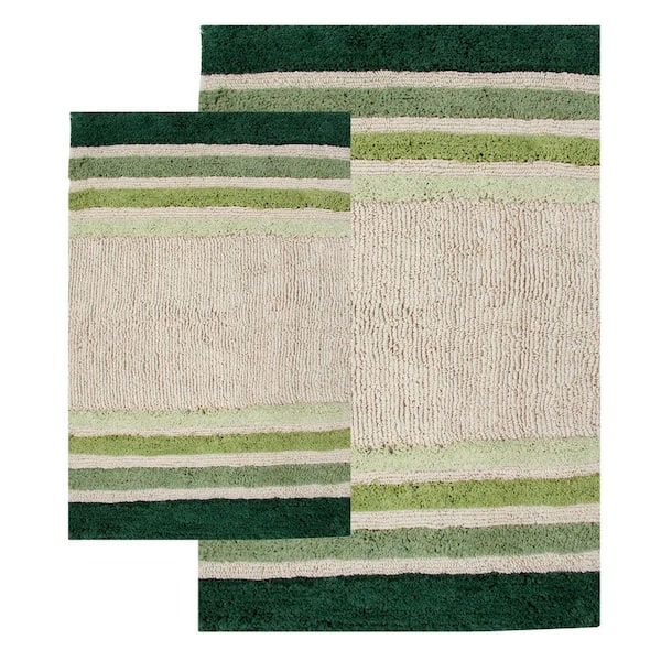 Chesapeake Merchandising 20 in. x 32 in. and 23 in. x 39 in. 2-Piece Tuxedo Stripe Bath Rug Set in Green and White