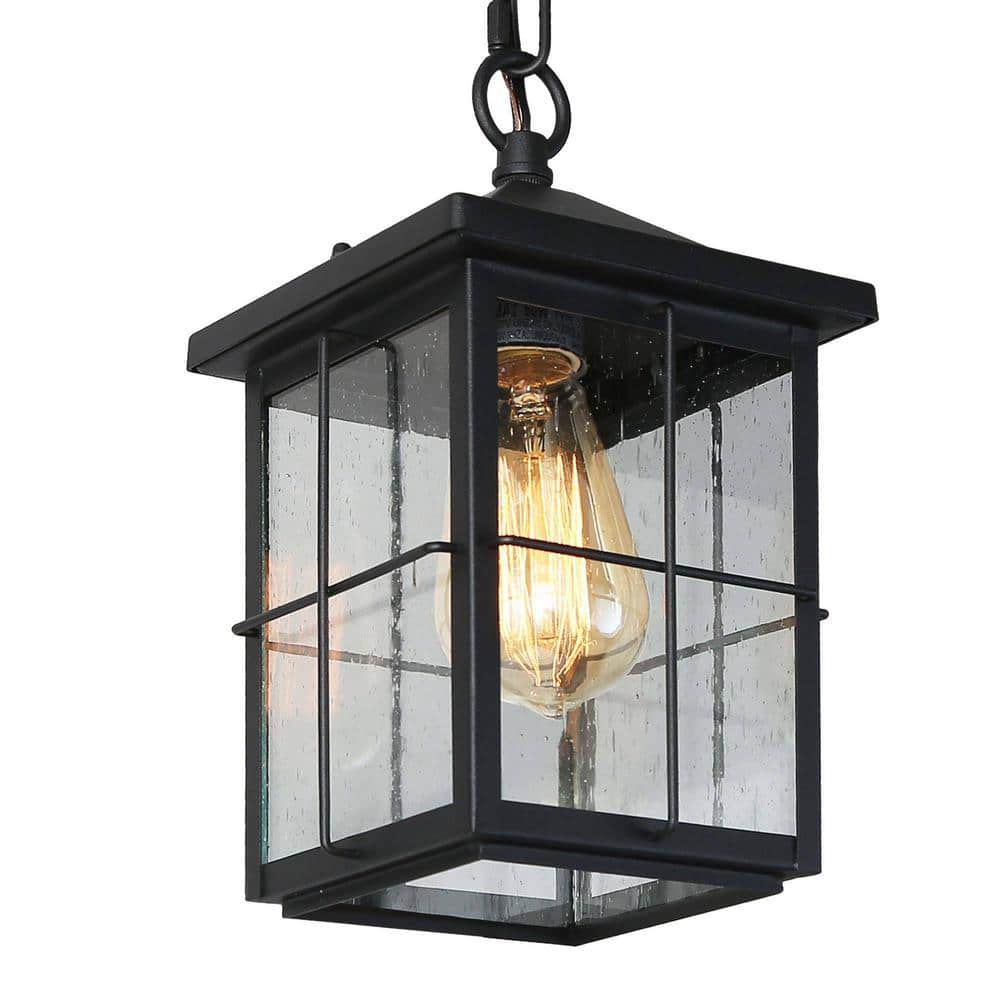 Matte Black Seeded Glass 1-Light Outdoor Pendant Lantern