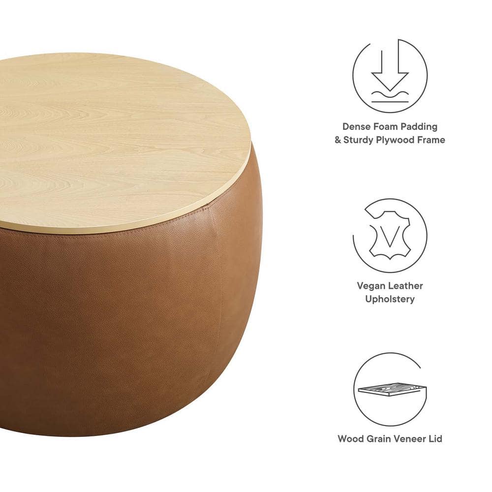 Tan Round Vegan Leather Storage Ottoman with Tray Lid