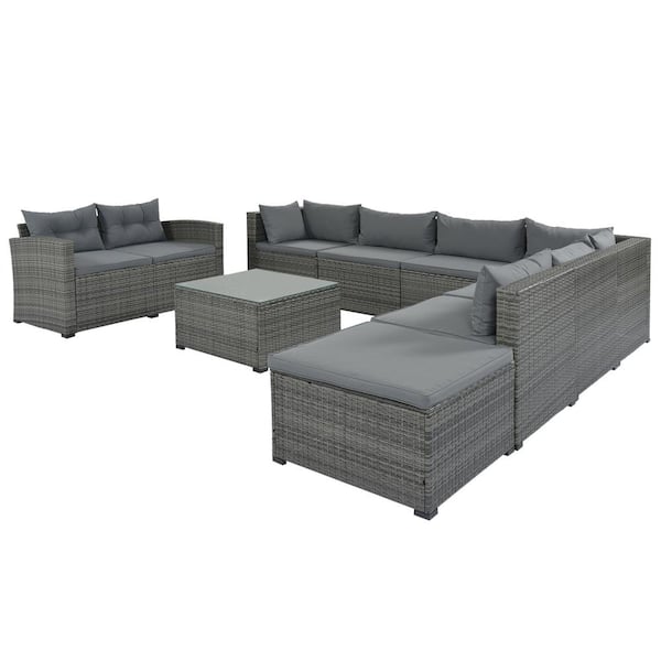 Unbranded Gray 9-Pieces Wicker Outdoor Sectional Set Patio Conversation Sets with Gray Cushions And Coffee Table