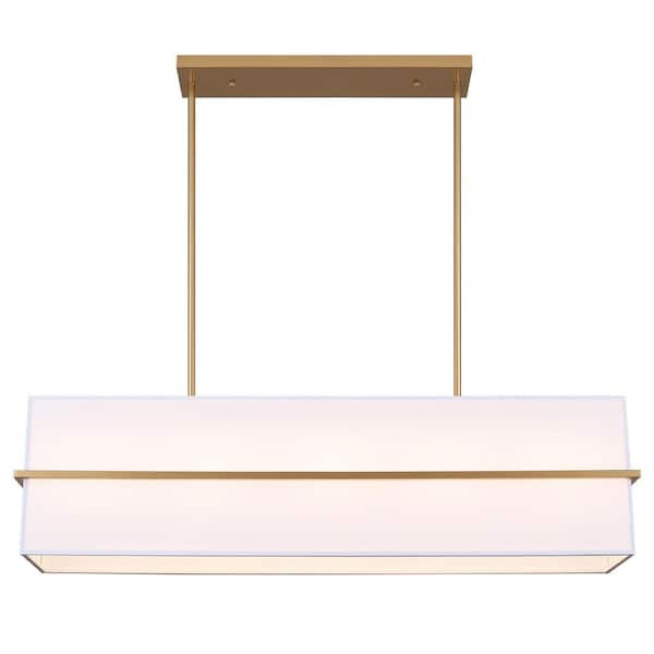 5 light Gold Linear Square/Rectangle Chandelier With White Fabric Shade for Kitchen Island with no bulbs included