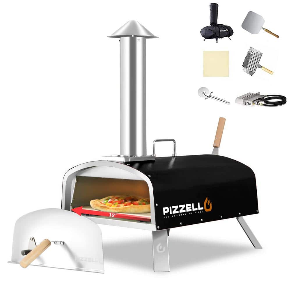 16 in. Propane and Wood Fired Stainless Steel Outdoor Pizza Oven with Gas Burner, Black