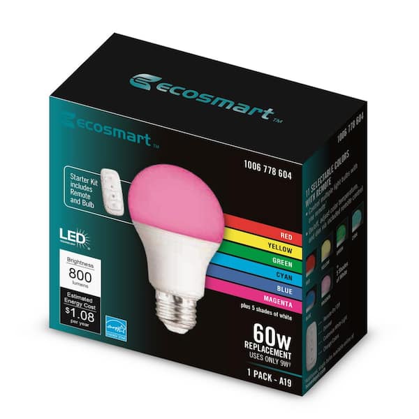Vooravond Open Gevestigde theorie EcoSmart 60-Watt Equivalent A19 CEC Color Changing LED Party Light Bulb  Starter Kit with Remote (1-Pack) 11A19060WRGBW01 - The Home Depot
