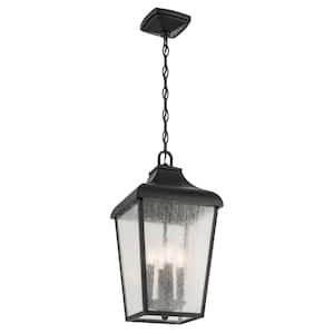 forestdale 19.75 in. 4-Light Textured Black Outdoor Porch Hanging Pendant Light with Clear Seeded Glass (1-Pack)