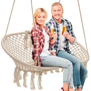 4.5 ft. Portable Hanging Rope Hammock Chair Double Swing in Cream White