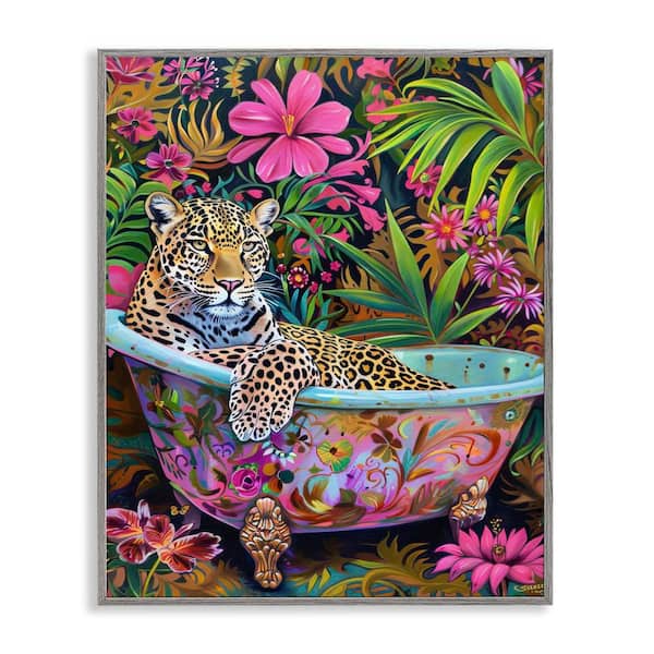 Stupell Industries Tropical Rainforest Leopard Tub by LSR Design Studio Gray Framed Animal Giclee Art Print 30 in. x 24 in.