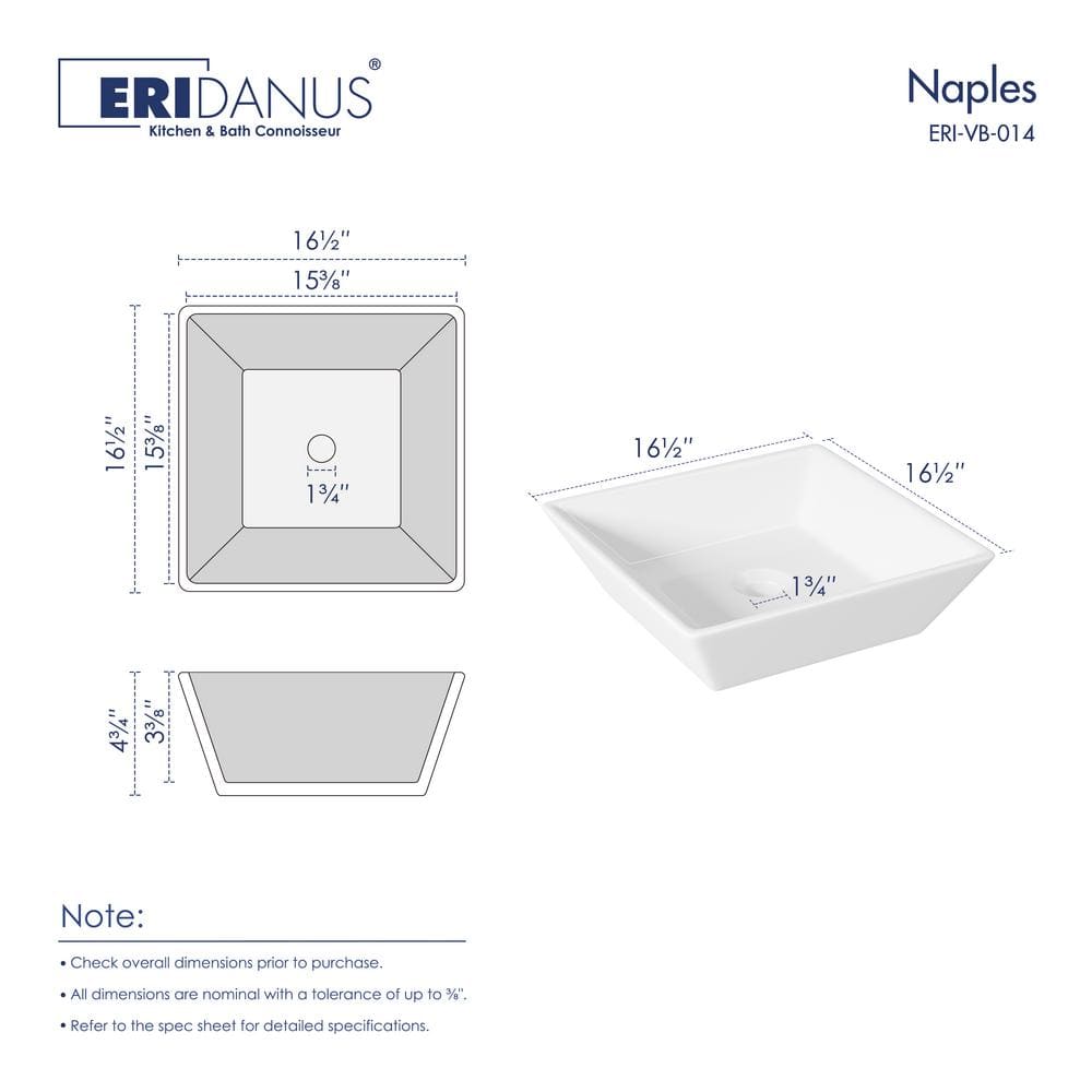 Naples 16.5" White Ceramic Square Vessel Sink