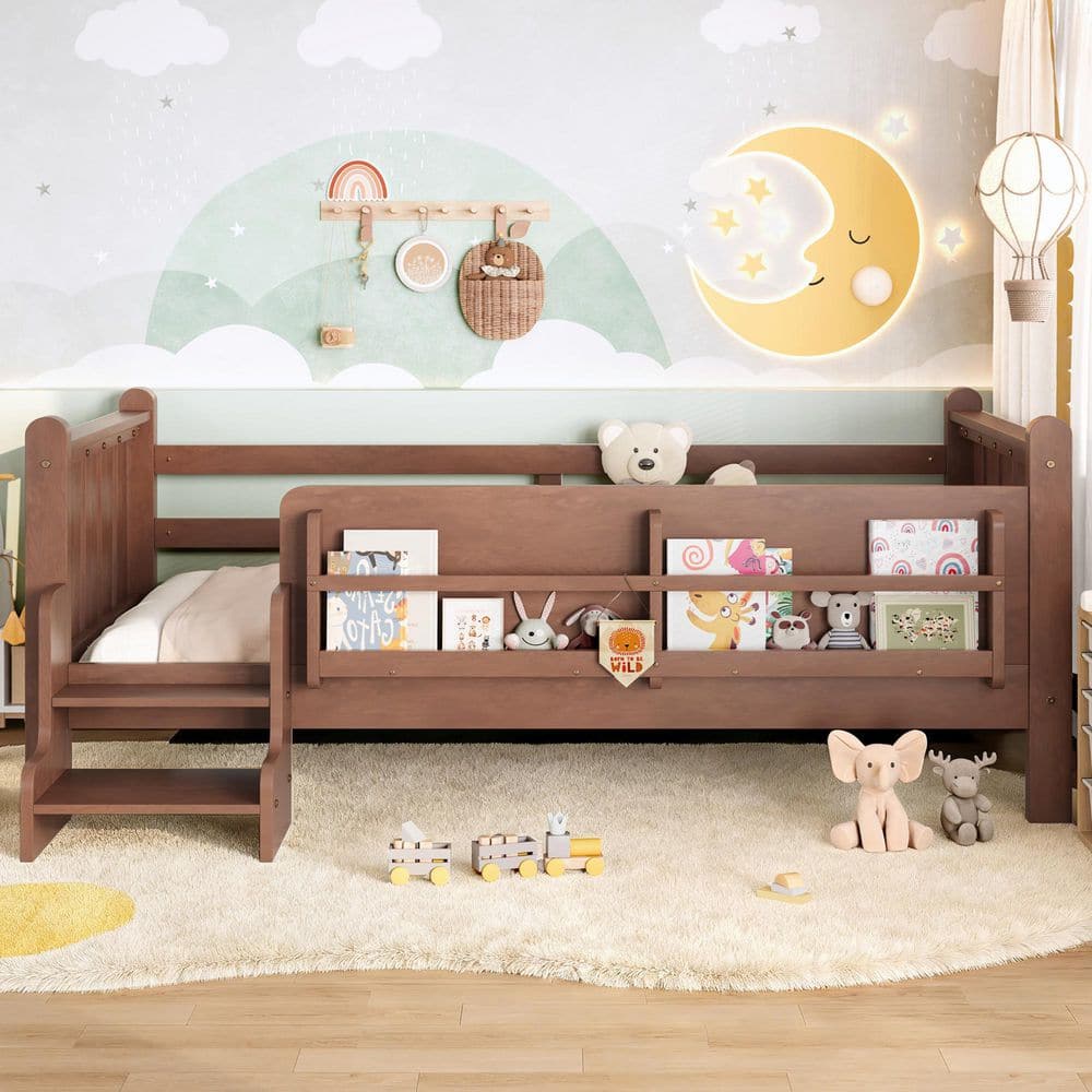 Natural Twin Size Kids Bed with Storage Bookcases,cute Stairs and Guardrails price history on PriceWatchPro