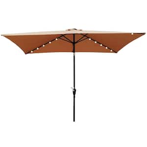 10 ft. Solar Led Powder Coated Aluminum Rectangular Market Outdoor Patio Umbrella with Crank Button Tilt System in Brown