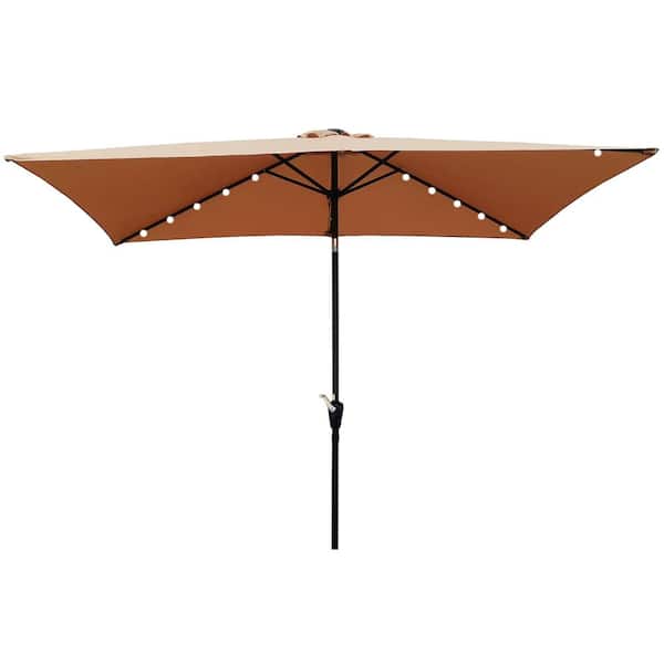 Unbranded 10 ft. Solar Led Powder Coated Aluminum Rectangular Market Outdoor Patio Umbrella with Crank Button Tilt System in Brown