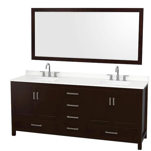 Wyndham Collection Sheffield 80 in. W x 22 in. D x 35 in. H Double Bath Vanity in Espresso with White Quartz Top and 70 in. Mirror