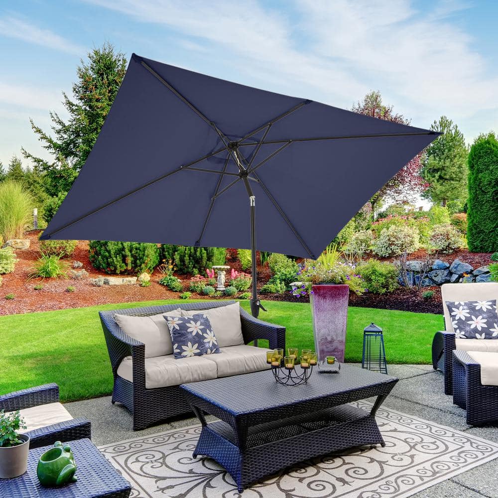 Navy Blue Rectangular Steel Patio Umbrella with Crank and Tilt