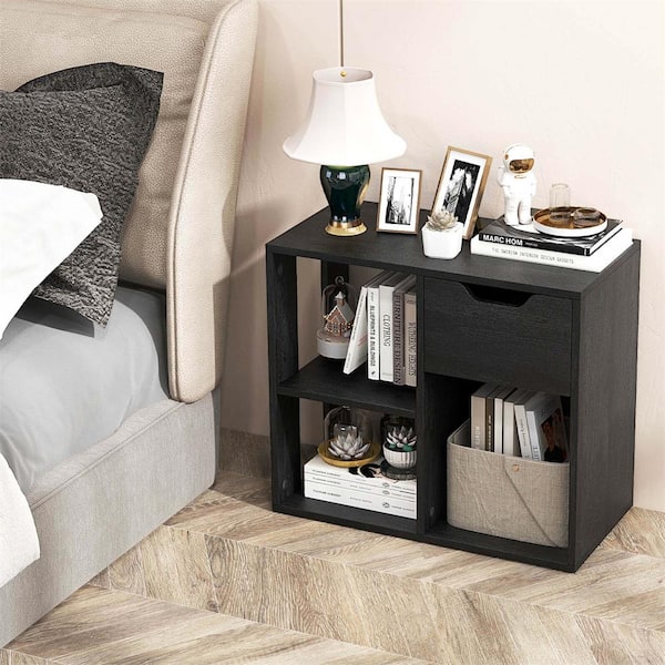 21 in. Tall Black Engineered Wood 3-Shelf Bookcase with Pull-Out Drawer