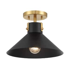 11.5 in. W x 8 in. H 1-Light Matte Black and Natural Brass Contemporary Semi-Flush Mount