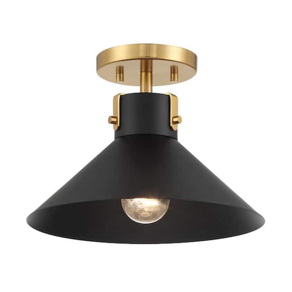 TUXEDO PARK LIGHTING 11.5 in. W x 8 in. H 1-Light Matte Black and Natural Brass Contemporary Semi-Flush Mount