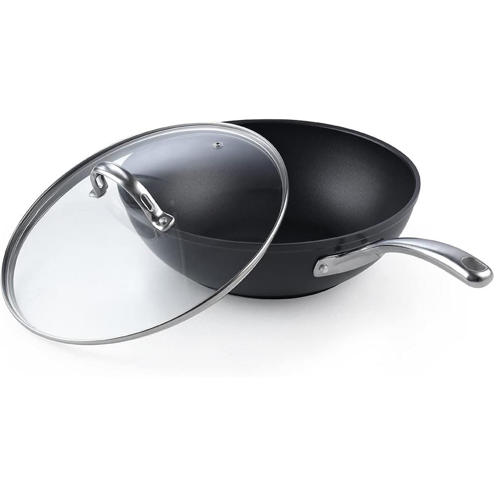 11 in. Black Hard Anodized Aluminum Nonstick Wok Stir Fry Pan