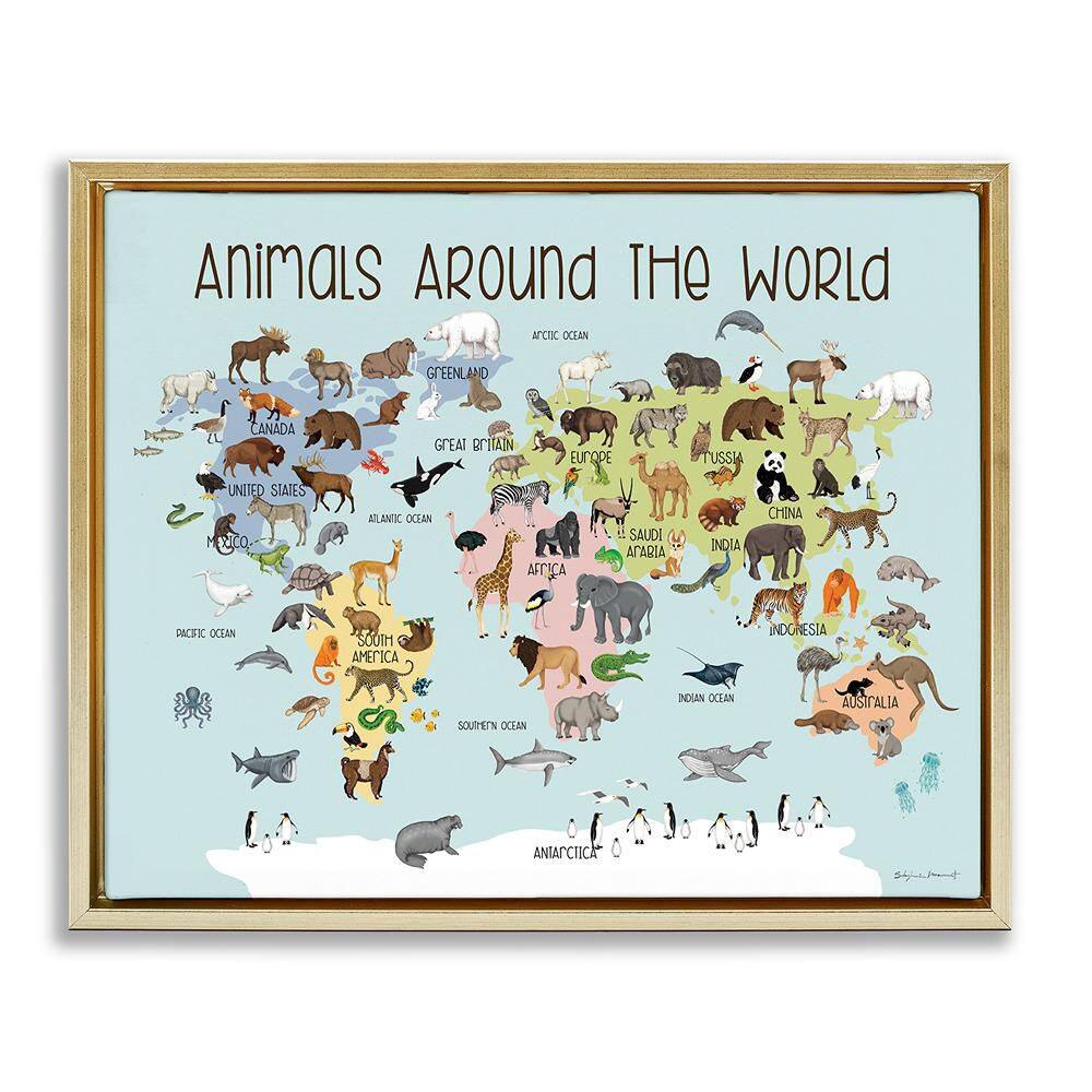 Animals Around The World Map by Stephanie Workman Marrott 1-Piece Gold Floater Frame Graphic Art Print 17 in. x 21 in. price history on PriceWatchPro