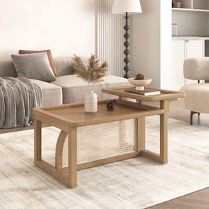 39.6 in. Natural Rectangle Wood Coffee Table with Rattan Design and Extra Space