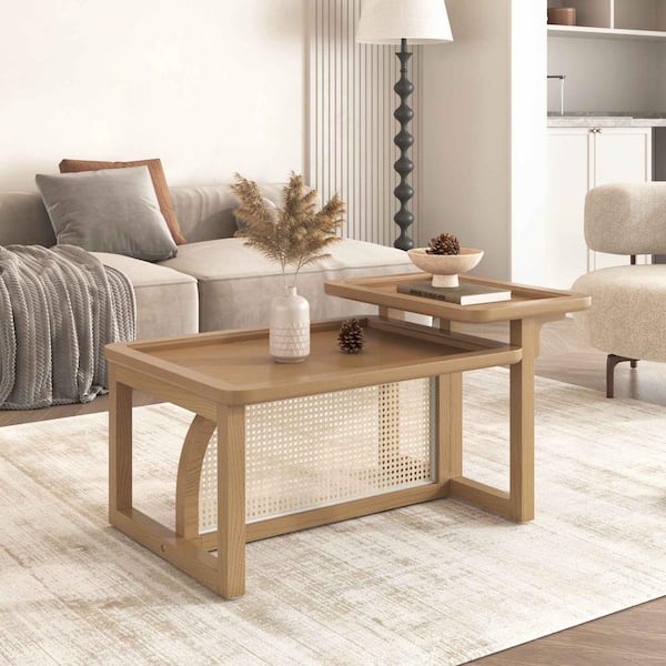 Polibi 39.6 in. Natural Rectangle Wood Coffee Table with Rattan Design and Extra Space