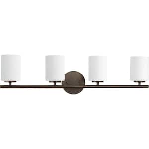 Replay Collection 31 in. 4-Light Antique Bronze Etched Glass Modern Bathroom Vanity Light