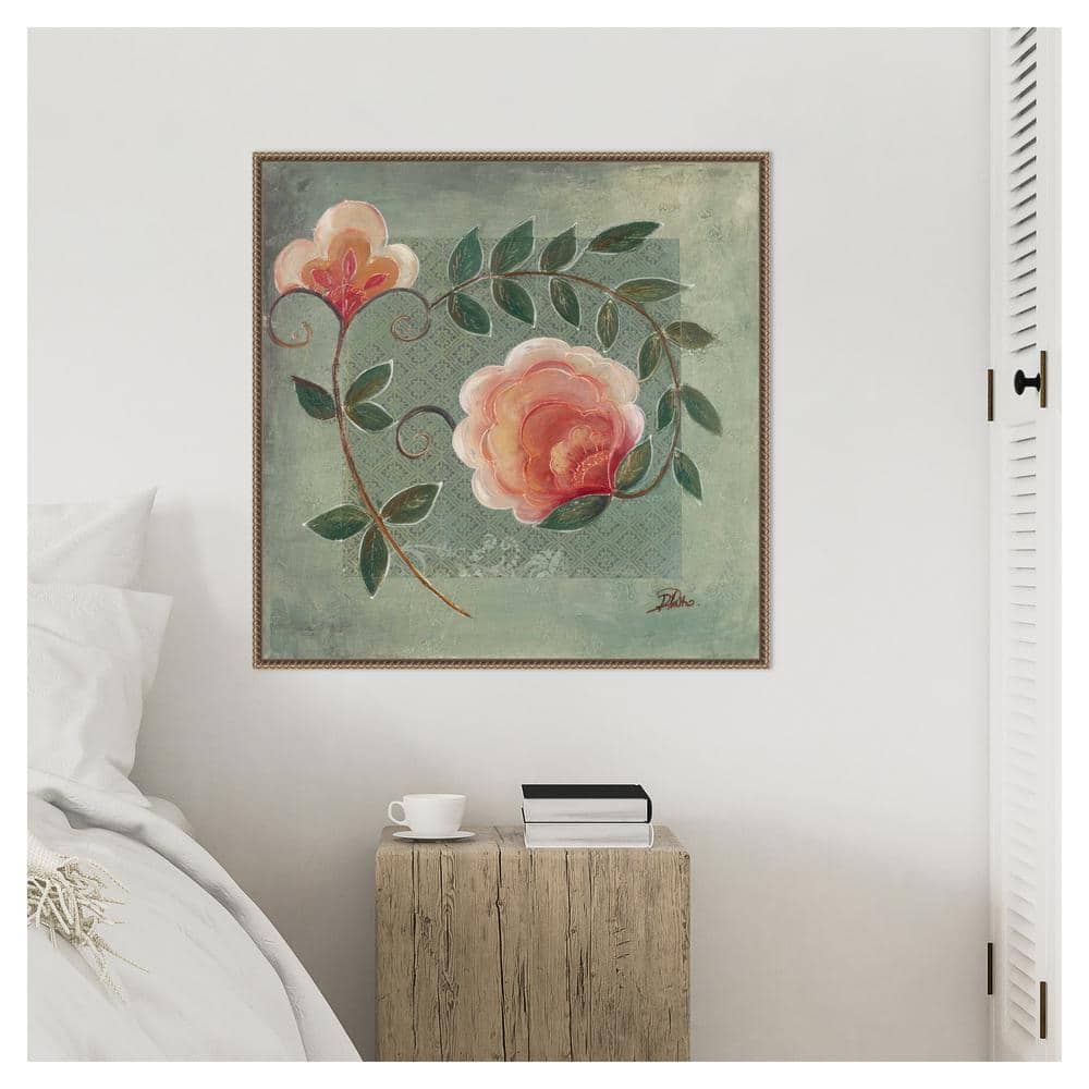 Green and Pink Beaded Framed Floral Canvas Wall Art