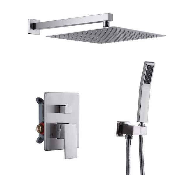 Single Handle 1-Spray Dual Wall Mount 12 in. Fixed and Handheld Shower Head 1.8 GPM with Valve in Brushed Nickel