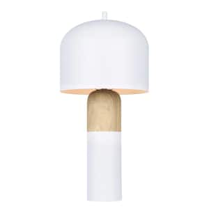 Caleb 19 in. Matte White and Faux Wood Table Lamp with Matte White Metal Shade and Line Switch