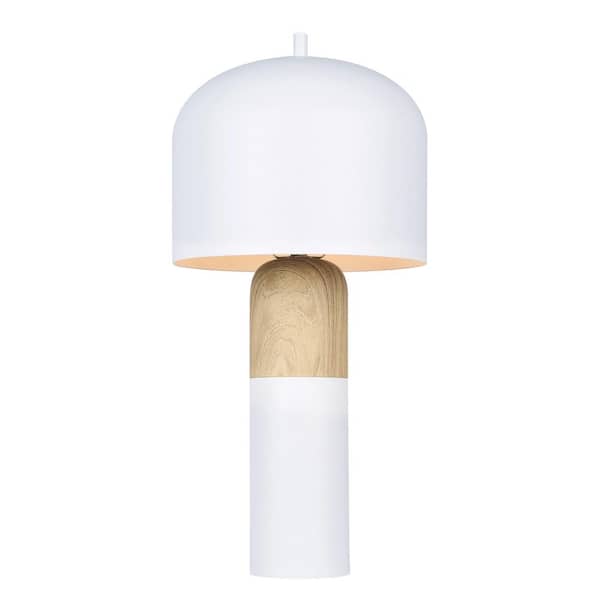 CANARM Caleb 19 in. Matte White and Faux Wood Table Lamp with Matte White Metal Shade and Line Switch