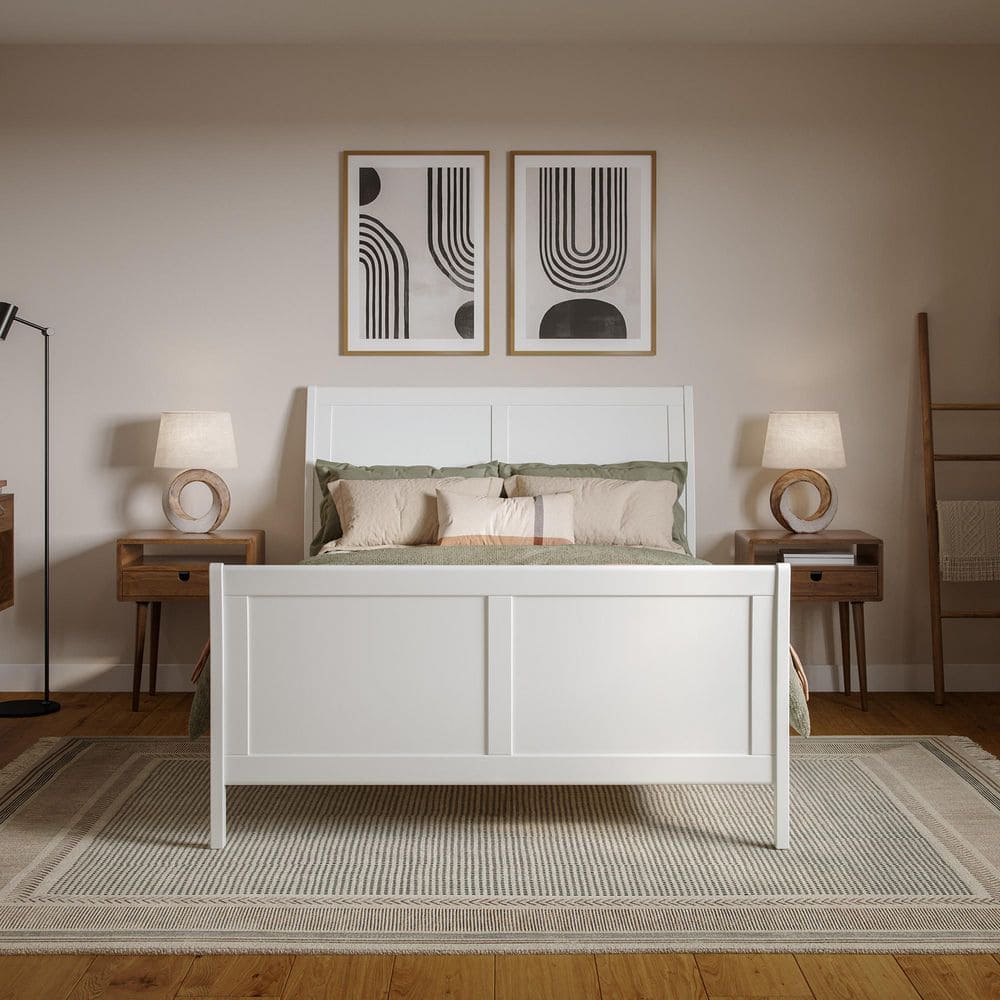 Valencia White Full Sleigh Platform Bed with Wood Frame