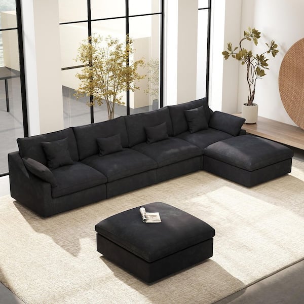 Magic Home 156 in. Square Arm Linen 6-Piece Free Combination Comfy Couch Cloud Modular Sectional Sofa with Ottoman in Black