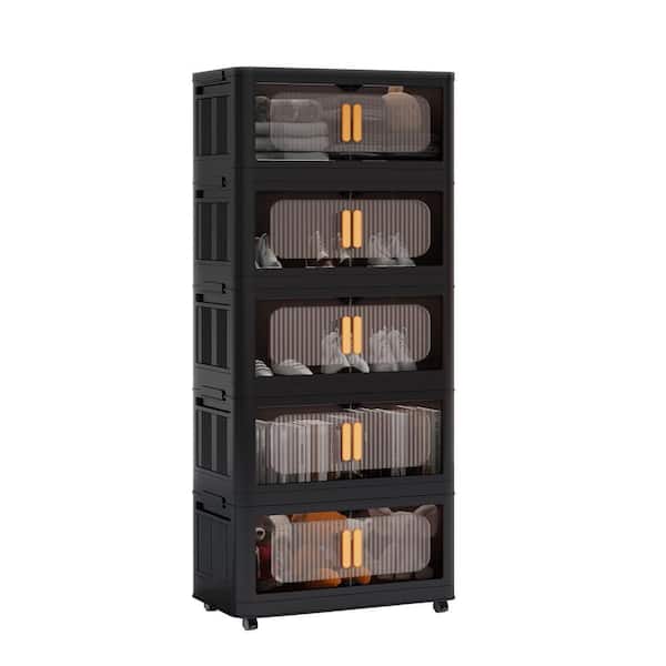 60 in. H x 24 in. W Black Plastic Folding Storage Cabinet with Wheels 5-Tier Collapsible Storage Bins with Magnetic Door