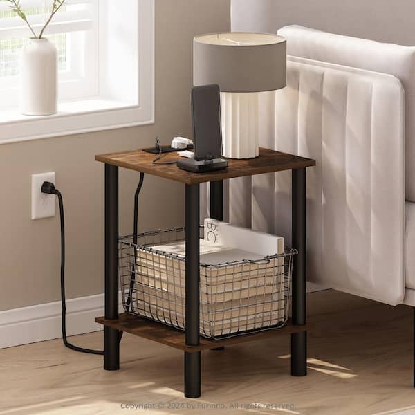 Furinno Turn-N-Tube 13.39 in. Amber Pine/Black Square Wood End Table with Charging Station