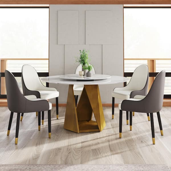 Magic Home 53.1 in. White Rotable Lazy Susan Sintered Round Stone Tabletop Bronze Pedestal Base Kitchen Dining Table (Seats-6)