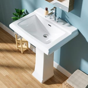 26 in. Pedestal Combo Bathroom Sink White Vitreous China Rectangular Pedestal Sink for Bathroom Combo Sink with Overflow