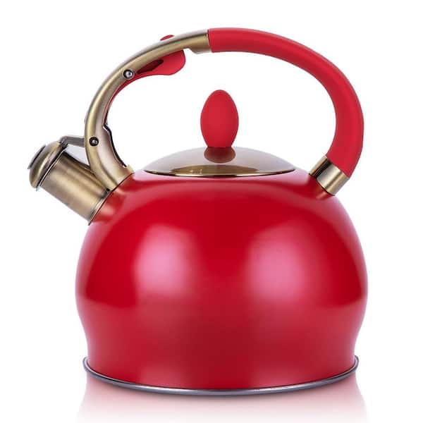 12-Cup 2.64 qt. Red Food Grade Stainless Steel Stovetop Whistling Tea Kettle with Cool Touch Ergonomic Handle