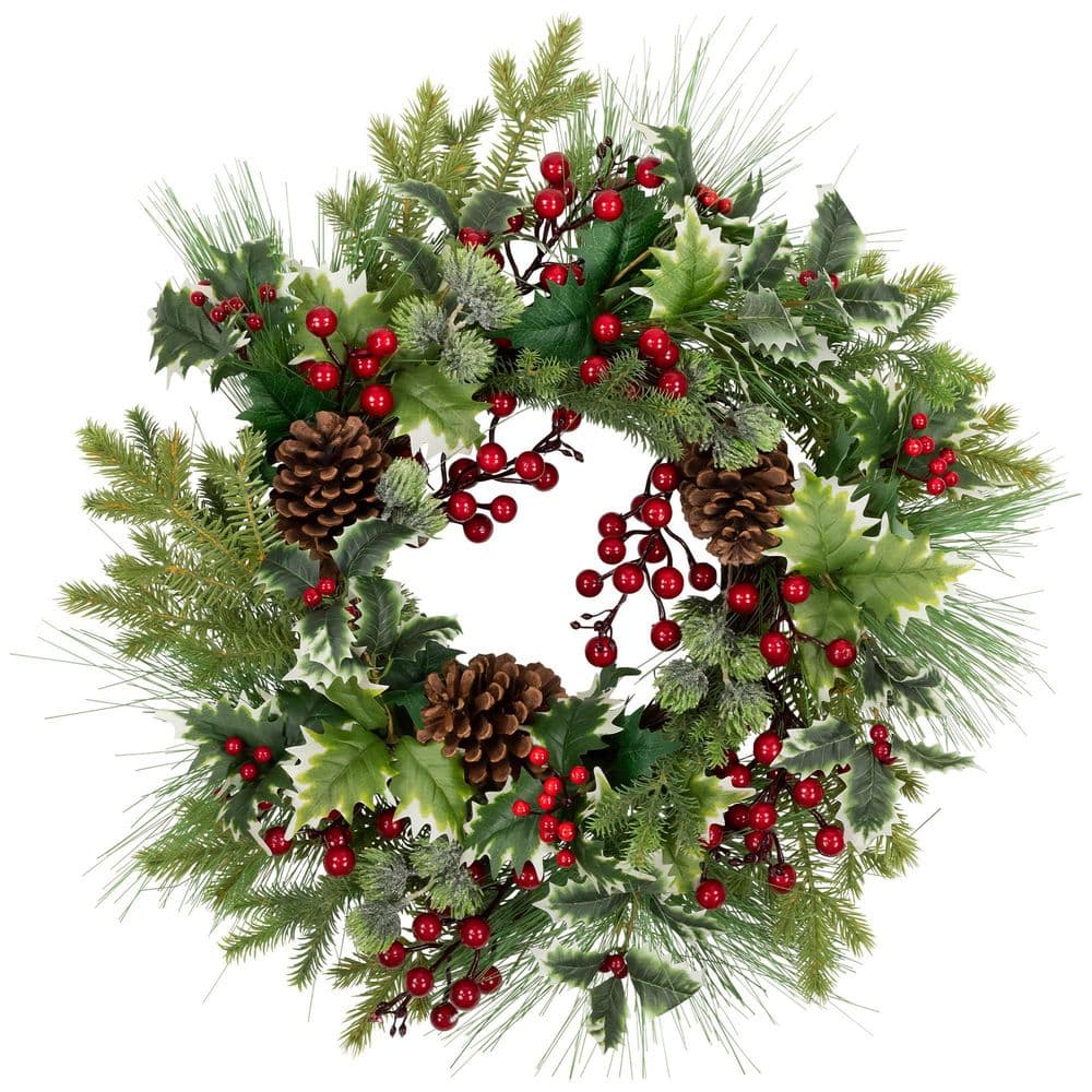 24 in. Unlit Holly and Berries Frosted Thistle and Pine Artificial Christmas Wreath price history on PriceWatchPro