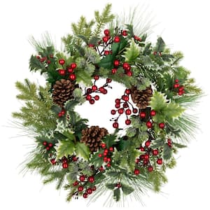 24 in. Unlit Holly and Berries Frosted Thistle and Pine Artificial Christmas Wreath
