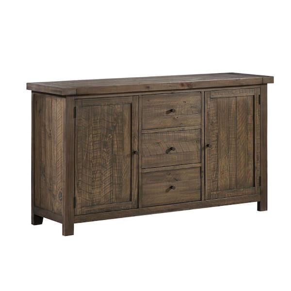 Benjara Brown Wood Top 67 in. Sideboard Buffet Cabinet Console with 3 Drawers and 2 Side Door Cabinets