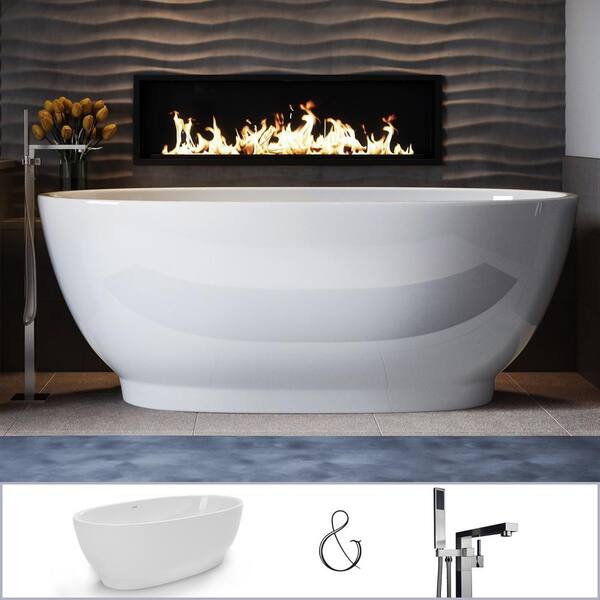 PELHAM & WHITE W-I-D-E Series Grandby 65 in. Acrylic Oval Freestanding Tub in White, Floor-Mount Square-Post Faucet in Brushed Nickel