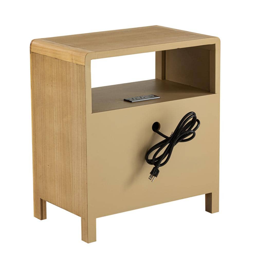 Natural Brown Wood 2-Drawer Nightstand with Charging Ports