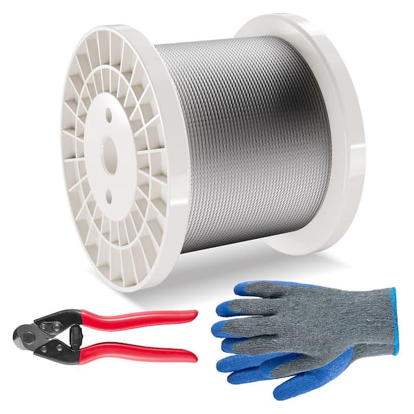 Wire Rope Kit, 1/8 in. x 600 ft. Stainless Steel Wire Rope (By-the-Foot), 1600 lbs. Breaking Strength, Cutter and Gloves