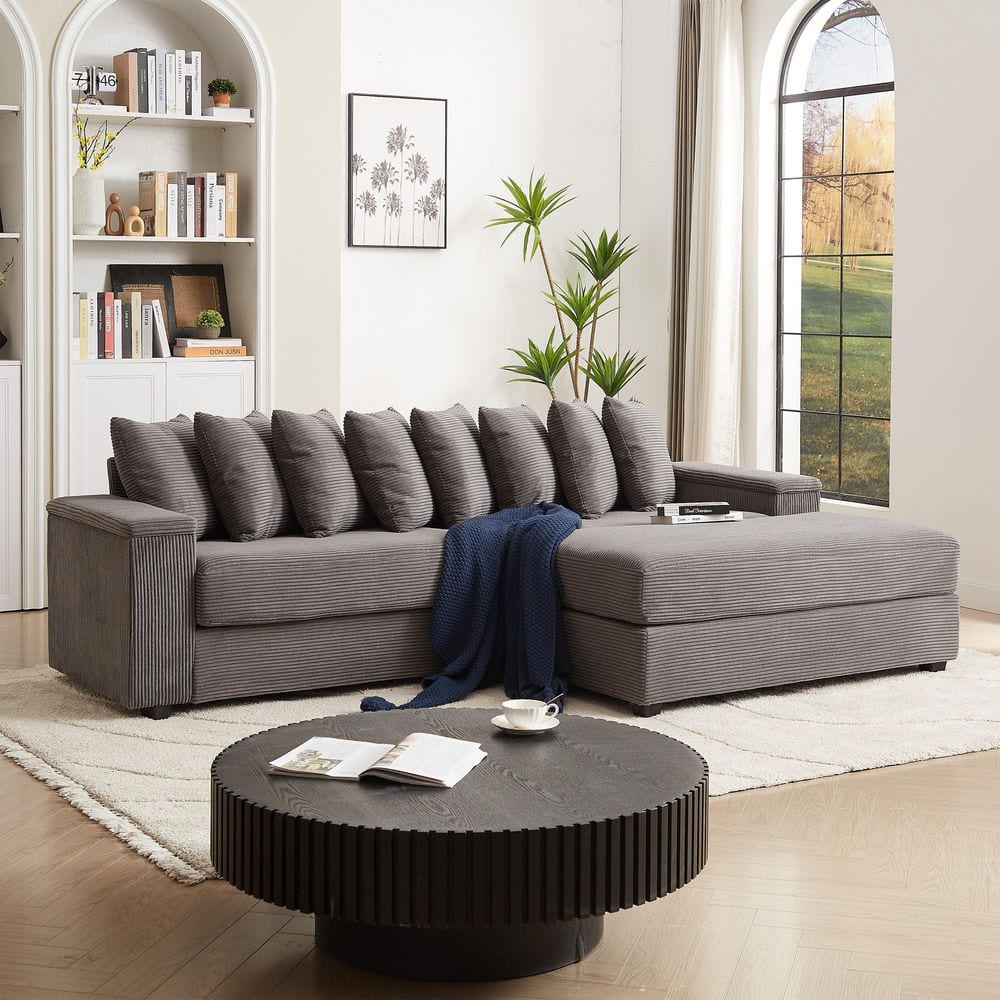 Grey 104 in. Oversized Comfy Corduroy L-Shaped 3-Seat Sectional Sofa with 8