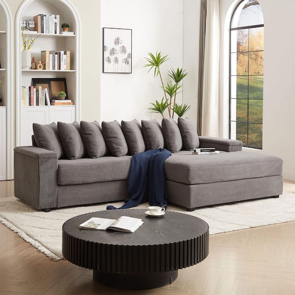 aisword Grey 104 in. Oversized Comfy Corduroy L-Shaped 3-Seat Sectional Sofa with 8 Pillows and 2 Armrest Storage
