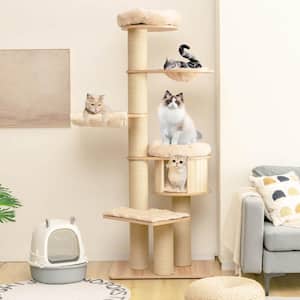 Wood Modern Tall Cat Tree Tower with Scratch Posts and Washable Mats