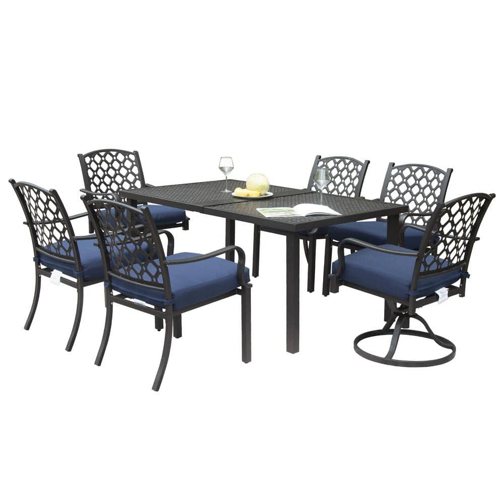 7-Piece Dark Brown Steel Outdoor Dining Set with Navy Blue Cushions